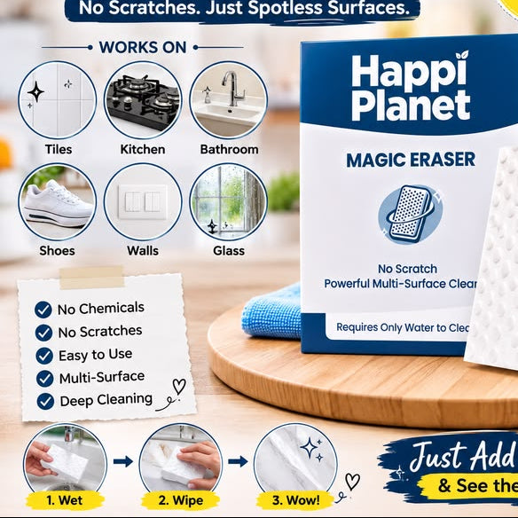 Happi Planet Magic Eraser box and white eraser sponge displayed on a wooden tray with blue cloths, surrounded by promotional text, usage icons, and a price badge.