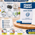 Happi Planet Magic Eraser box and white eraser sponge displayed on a wooden tray with blue cloths, surrounded by promotional text, usage icons, and a price badge.